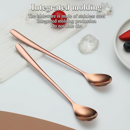 Generic Conjunto de 12 colheres de chá gelado de ouro rosa com cabo longo, aço inoxidável banhado a titânio, design moderno, seguro para lava-louças