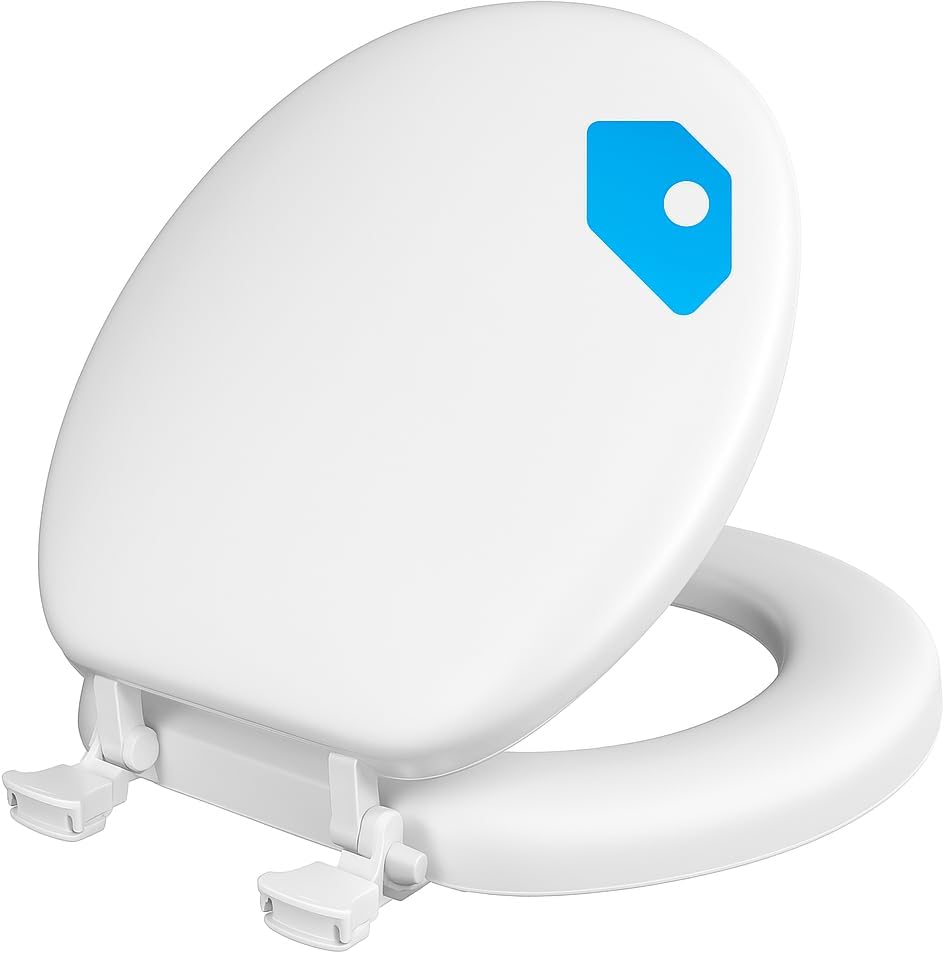 Round Padded Toilet Seat with Soft Cushioned Vinyl Cover Over Durable Wood Core, Comfortable Foam Padding, Secure and Stable Hinges, Easy-Clean Surface
