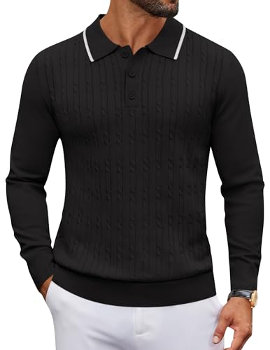 COOFANDY Men's Polo Sweater Casual Long Sleeve Knit Polos Button Down Collared Golf Pullover Sweaters