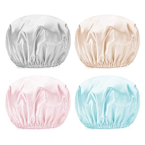 PUSSAER 4Pack Shower Cap for Women Long Hair, Reusable EVA Extra Large Shower Hair Hat, Double Waterproof Protection, Kids, Men(Light grey, Light Gold, Peach Pink, Lake Blue 13 inches)