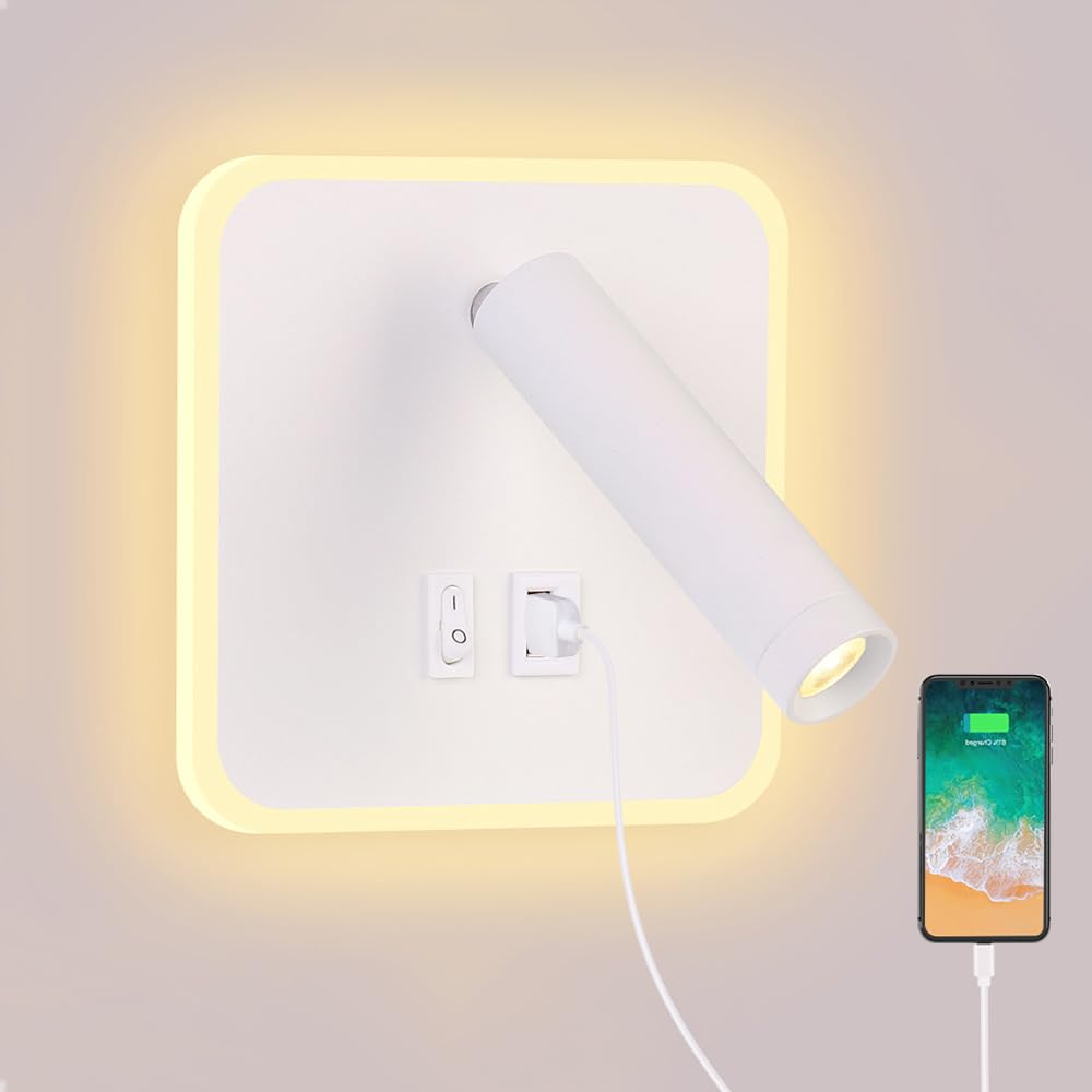 ERWEY Kinkiet LED 8 W lampka nocna do czytania Lampa ścienna z regulowanym reflektorem (3W 4000K +5 W 3000K) z portem ładowania USB (kwadrat, biały)