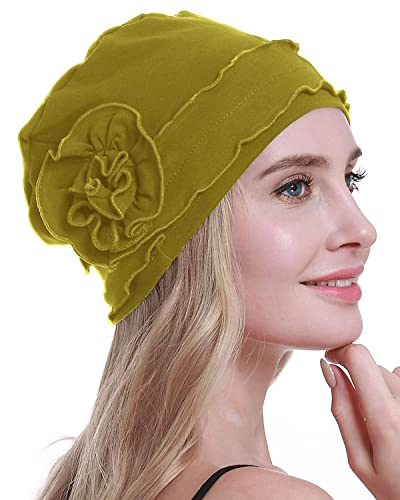 osvyo Bonnet chimio turban pour femme - Bonnet contre la perte de cheveux scellé, Jaune moutarde en coton, taille unique Cover