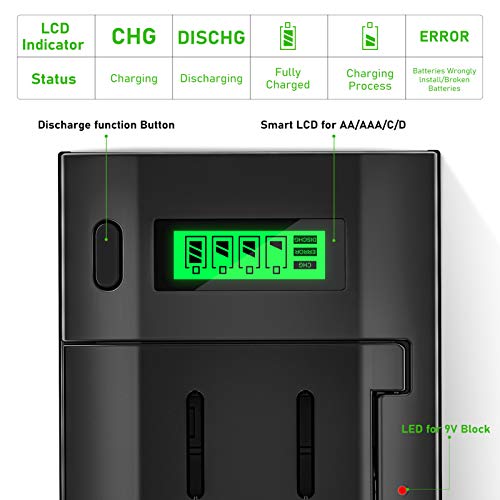 BONAI Akku Ladegerät LCD Universal Batterieladegerät Schnell Akkuladegerät USB Intelligent Battery Charger für AA/AAA/SC/C/D/9V NI-Mh Wiederaufladbare Batterien mit Entladungsfunktion