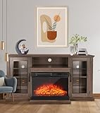 MachenFlame Chimenea panorámica de Cristal Soporte para TV con Chimenea eléctrica de 24 Pulgadas, Almacenamiento Cerrado, Centro de Entretenimiento Multimedia, Brillo de Llama Ajustable, Gris Marrón.