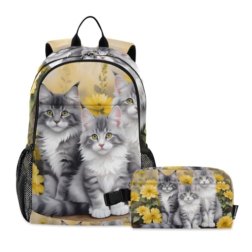 Maine Cats Daisies Backpack Lunch Bag Set for Travel Hiking Picnic, Backpacks with Insulated Lunch Box