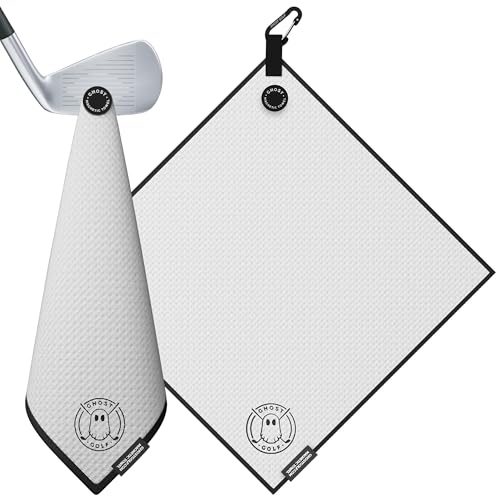 Ghost Golf Magnetic Towel (Greenside) - Premium Ultra-Absorbent Microfiber Golf Towel with Magnet for Golf Carts or Clubs - 18 x 18 Golfing Gear - Waffle Weave Pattern (White)
