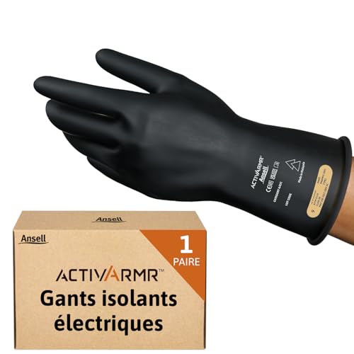 Ansell ActivArmr RIG011B, Gants de protection en caoutchouc, Gants latex noir flexibles et durables, Protection contre les éclairs d'arc, Gants électriciens, Gants de travail L, Noir, 1 paire