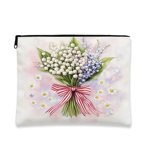 Watercolor Cosmetic Bag, Lily of the Valley Romantic Bouquet Portable Small Canvas Zipper Pouch, Spring Festival Toiletry Travel Bag for Women, white, 7x9 Inch, Flower