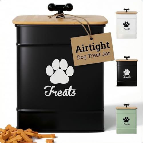 Dog Treat Container Airtight - 6 Inch Wide x 8 Inch Tall Iron Dog Treat Jar for Kitchen Counter with Airtight Bamboo Lid - 12 Cup Capacity Pet Treat Container - Doggie Cookie Jar - Big Treats Canister