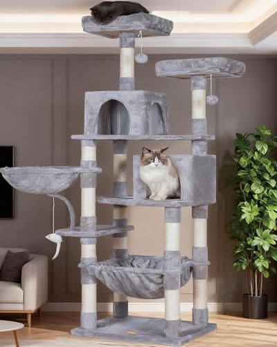 Image of Heybly Cat Tree, 70 inches Tall Cat Tower for Indoor Large Cats HCT032W | Big Cat Condo with Toy , Cat House Furniture with Padded Plush Perch, Cozy Hammock and Sisal Scratching Posts, Light Gray