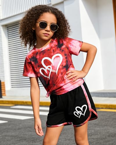 Image of Kids Girl Clothes Tie Dye Heart Print Short Sleeve Top and Shorts Toddler Girl Summer Outfits Short Set