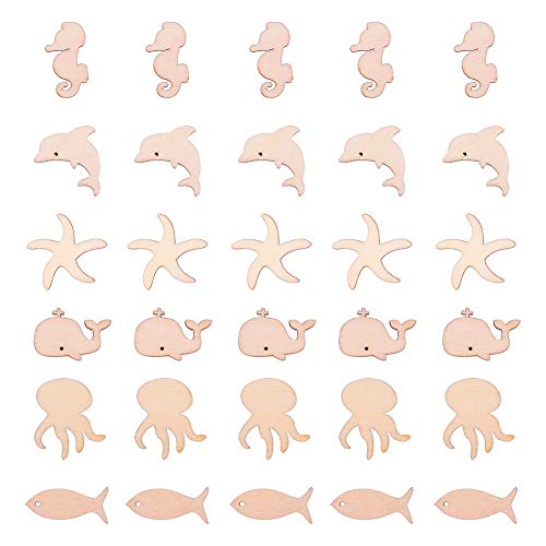 NBEADS 240 Pcs Marine Organism Theme Unfinished Wooden Cutouts, 6 Different Kinds of