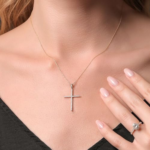 Gem Stone King 10K Yellow Gold White Lab Grown Diamond Cross Crucifix Pendant Necklace For Women (0.14 Cttw, G-H Color, 36 Diamonds, 1 1/4 inch, Comes with 18 Inch Chain)4