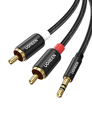 UGREEN RCA to 3.5mm Audio Cable 2Meter 2 RCA Male to 3.5mm(1/8) Male Stereo Jack Phono Y Splitter Nylon-Braided Aux Cable for DJ Controller Dolby Digital DTS Speaker Gold-plated Connector Black