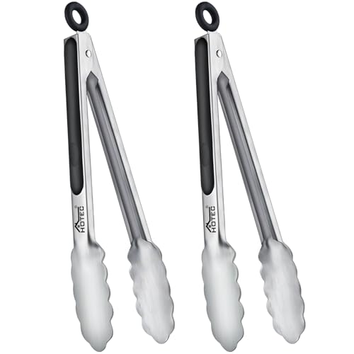 HOTEC Stainless Steel Kitchen Tongs Set of 2-9 inch, Locking Metal Food Cooking Tongs Non-Slip Grip (Black)