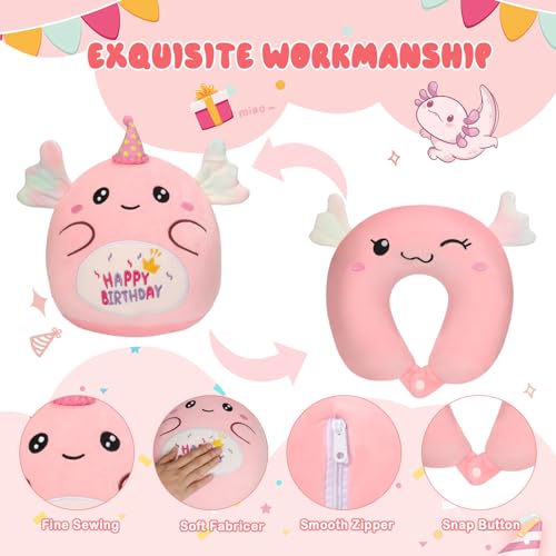 GDGZT Kids Travel Pillow, 2-In-1 Kids Neck Pillow for Travel, Reversible 10 Inch Axolotl Happy Birthday Plush Toy, Axolotl Plush Pillow Comfortable in Airplane, Car, Nap, Reading, Decor