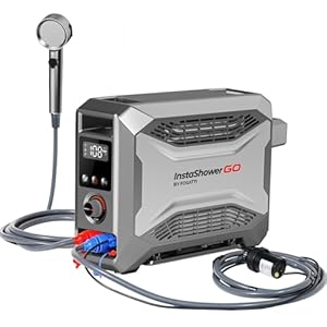 FOGATTI Portable Gas Water Heater, InstaShower GO, Propane, 19,000 BTU, with 5000mAh Rechargeable Built-in Battery, DC 12V, Outdoor Camping Shower with Tip-Over Protection, Safety Shutoff