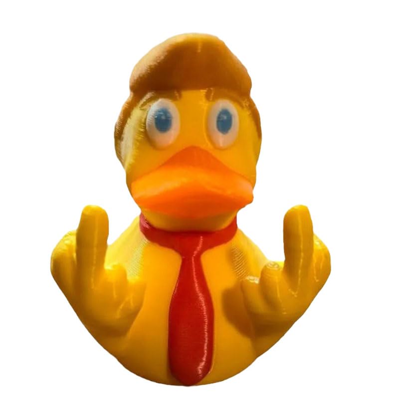 Estatua de pato amarillo con dedo medio y puño Trump