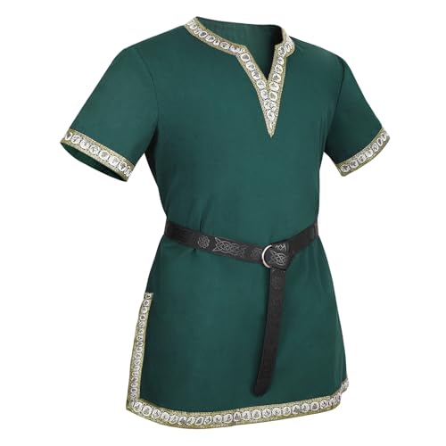 VONMELLI Disfraz medieval para hombre, camisas, renacimiento, vintage, túnica, caballero vikingo, pirata, con cinturón vikingo negro, para Halloween, cosplay, verde, XL
