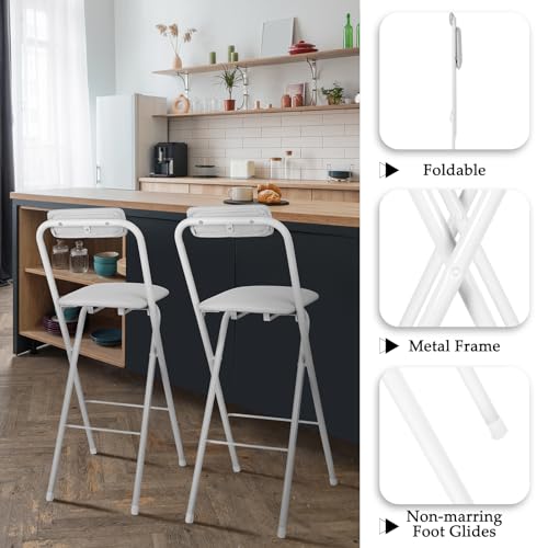 Suzile Folding Bar Stool with Backrest, Leather Padded Counter Height Foldable Stool, Portable Chairs Folding Seat Tall Bar Chairs for Outdoor Camping Kitchen Shop Cafe, White(29.5 Inch) - Thumbnail 4