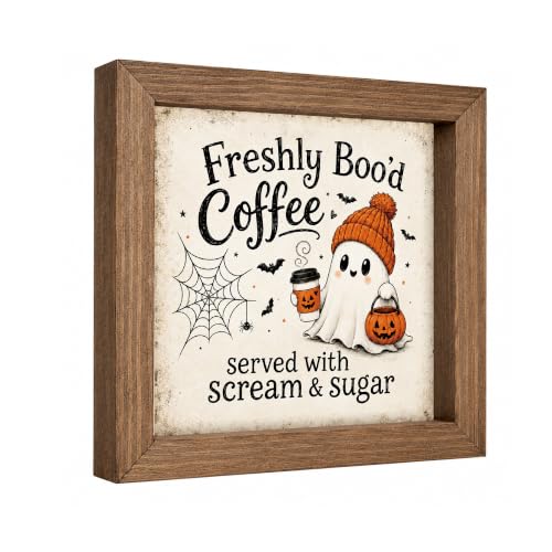 Halloween Coffee Bar Decor Sign, Spooky Ghosts Rustic Wooden Sign,