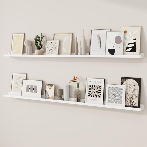RICHFOCUS Picture Ledge Shelf, 72 inch Floating Shelves Set of 2, Wood Wall Shelves with Lip, Wall Decor Storage for Bedroom Living Room Bathroom Kitchen Nursery Photo Picture, White