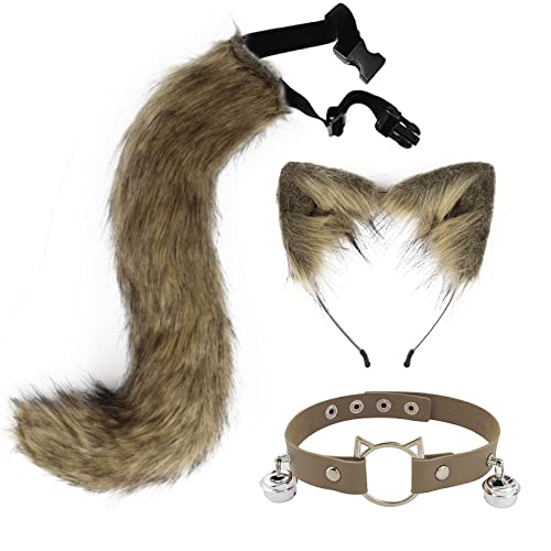 QinRuan Cat Ears and Wolf Fox Animal Tail Cosplay Costume Faux Fur Hair Clip Headdress Halloween Leather Neck Chocker Set