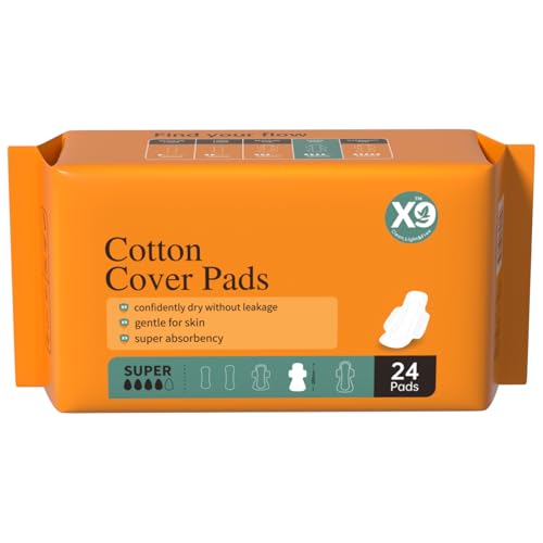 X9 Cotton Cover Period Pads with Wings, Super Absorbency Heavy Flow Sanitary Napkins, 280mm, 24 Count