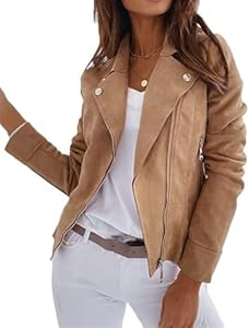 Mfhmom Damen Wildlederjacke Kurz Übergangsjacke Bikerjacke Reverskragen Leichte Jack Reißverschluss Frühling Herbst Suede Kurzjacke Moto Blouson Langarm Mantel Streetwear Outwear (L, A)