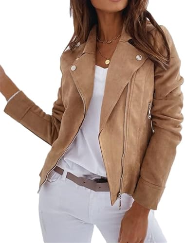 Mfhmom Damen Wildlederjacke Kurz Übergangsjacke Bikerjacke Reverskragen Leichte Jack Reißverschluss Frühling Herbst Suede Kurzjacke Moto Blouson Langarm Mantel Streetwear Outwear (L,A)