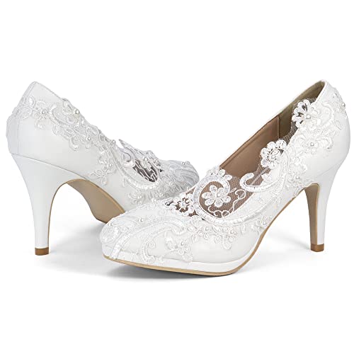 Women’s High Heels for Wedding Clear Lace Pearls Closed Toe Solid Classics Pumps for Bride2
