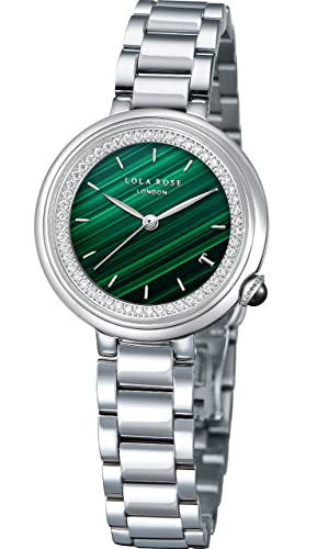Lola Rose Women's Malachite Watch With White Gold Tone Three-Bead Steel Bracelet #TOP13