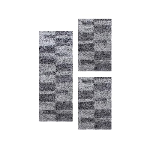 Carpetsale24 Bettumrandung Schlafzimmer 3 teilig Shaggy Hochflor Teppich Grau Bettvorleger Schlafzimmer Bettset: 2 St. 60x110 cm | 1 St. 80x150 cm - Flauschiger Teppich Läufer Set Kariert Design