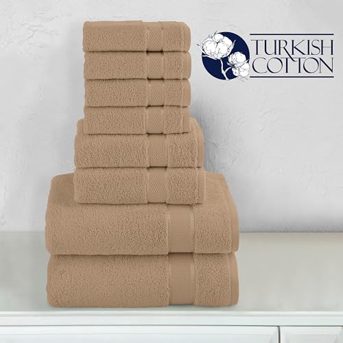Image of Elegant Comfort Premium Cotton 8-Piece Towel Set, Includes 4 Washcloths, 2 Hand Towels and 2 Bath Towels, 100% Turkish Cotton - Highly Absorbent and Super Soft Towels for Bathroom, Taupe