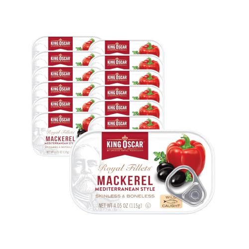 King Oscar Mackerel in Olive Oil, Mediterranean Style, 4.05 Ounce Can (Pack of 12), Skinless & Boneless, Wild Caught Canned Mackerel (Packaging May Vary)