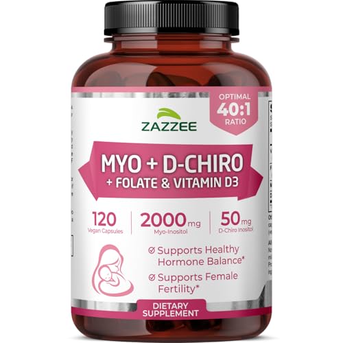 Image of Zazzee Myo & D-Chiro Inositol Ideal 40:1 Ratio with Vitamin D3 & Folate, 120 Vegan Capsules, Hormonal Balance & Cycle Support for Women, Women's Health Supplement, Non-GMO, Made in the USA