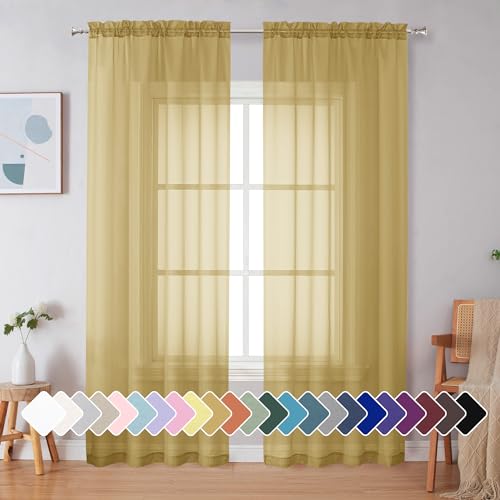Image of Simplebrand Gold Sheer Curtains 84 Inches Long 2 Panels, Light Filtering Rod Pocket Solid Color Window Sheer Curtain Panels, Elegant Curtains & Drapes for Living Room, Bedroom (Gold, 42 inch W x 84 inch L)