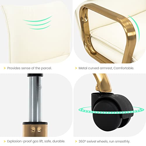 Mfd Living Home Office Chair, Modern Upholstered Mid-Back Pu Leather Task Desk Chair With Arms, Adjustable Rocking Swivel Computer Chair With Wheels (Off-White, Gold Base) #TOP5