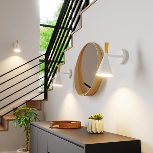 Image of Globe Electric 65000147 1-Light Plug-in or Hardwire Wall Sconce, Matte White, Light Wood-Toned On /Off Rotary Switch on Pivoting Shade, 6ft White Braided Fabric Cord, Wall Lights for Living Room