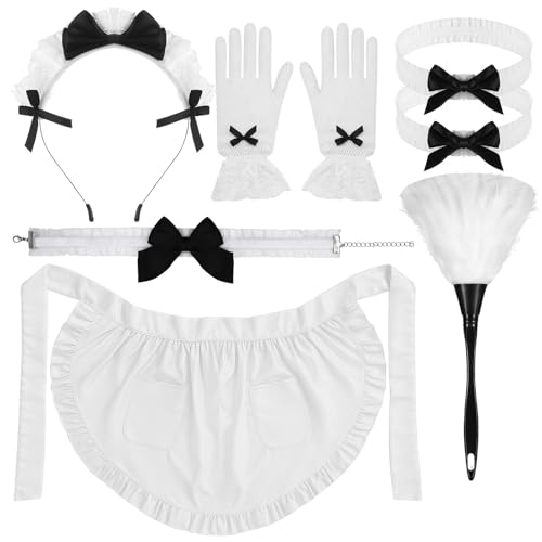 Livdouyu Kochschürze Damen Set, Schürzen für Frauen Vintage Maid Ruffle Apron Kellnerin Schürze Weiße Verstellbare Taillenschürze mit Taschen...