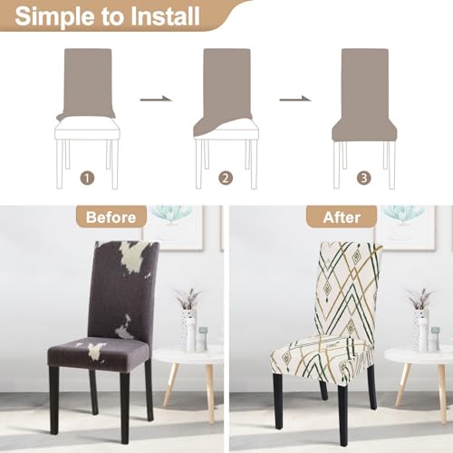 Image of SearchI Dining Room Chair Covers Set of 6, Stretch Printed Kitchen Chair Slipcovers Removable Washable Parsons Chair Covers Protector for Dining Room, Hotel, Ceremony (Beige-Green Stripe)