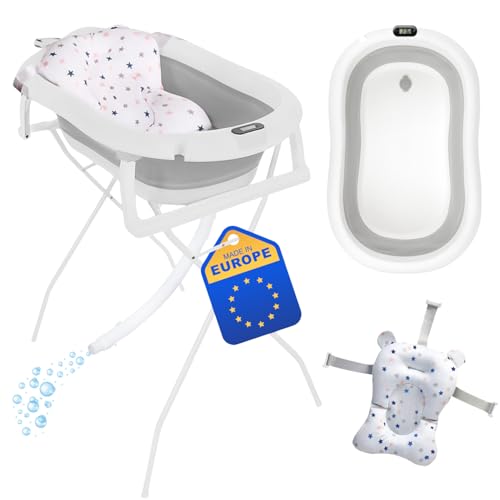 Primabobo Faltbar Babybadewanne, Große Babywanne faltbar, Kinderbadewanne mit Badesitz, für Babys von 0-36 Monaten (Premium Grau (Gestell, Badekissen, Thermometer), Faltbare Babybadewanne)