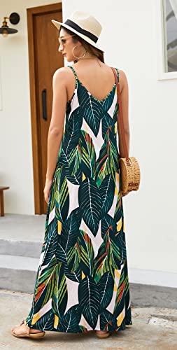 Image of Supnier Women's Summer Maxi Dress Casual V-Neck Sleeveless Bohemian Spaghetti Strap Floral Long Maxi Dress with Pockets