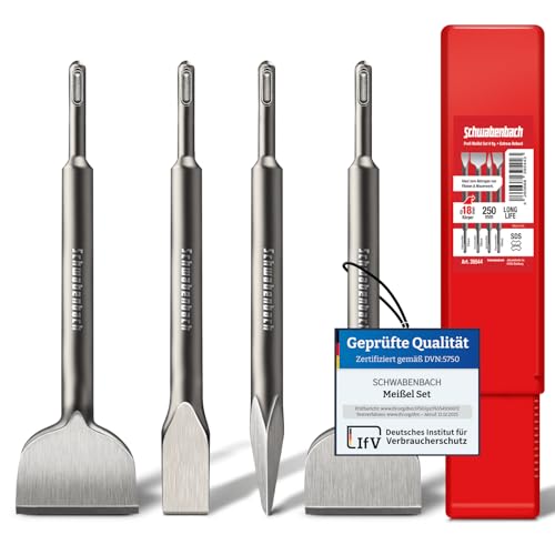 SCHWABENBACH ® SDS PLUS Chisel Set - 4pcs. 25mm + 50mm + 50mm (angular) + Pointed Chisel - EXTREMADAMENTE ROBUSTO- Cinceles compatibles con Bosch Hilti Metabo uvm. Martillo perforador