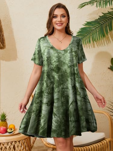 Image of ZENNILO Women's Plus Size Swing Dress with Pockets Casual Summer Dresses V Neck Short Sleeve T Shirt Dress for Women