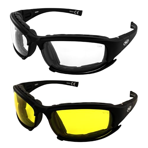 Global Vision Assault Motorcycle Sunglasses Safety Glasses ANSI Z87.1 Convertible to Goggles 2 Pairs Black Frame w/Clear & Yellow Lenses