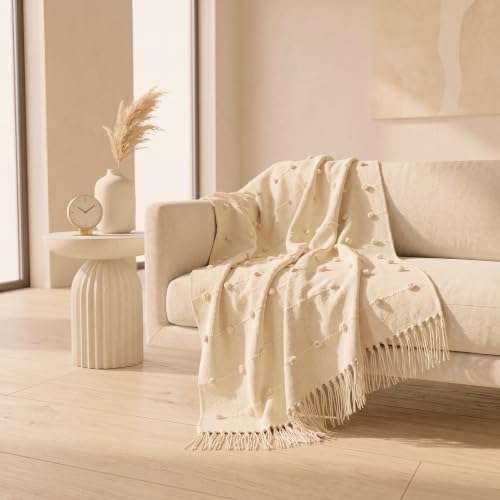 Image of AJAVAT Home Hand-Knitted Pure Cotton Throw Blanket, 80 x 52 in (204 x 132 cm), Large All-Season Sofa, Bed & Chair Throw with Tassels, Beige, Pack of 1