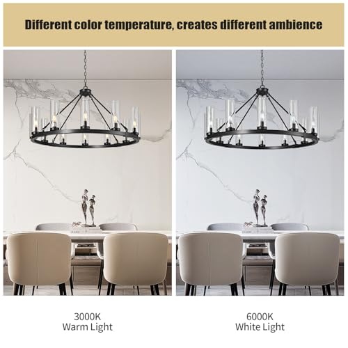 Image of 12 Light Black Chandelier Wagon Wheel Chandelier with Clear Glass Shade Round Industrial Pendant Lighting Fixture for Stair Living Room Foyer Kitchen