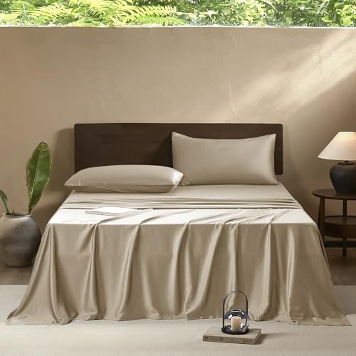 Image of EVERLY Queen Sheets Set,Luxuriously 400 Thread Count Organic Viscose Derived from Bamboo Bed Sheet,Cooling Sheets for Queen Size 4 Piece Deep Pockets Bedding Sheets &Pillowcases-Champagne