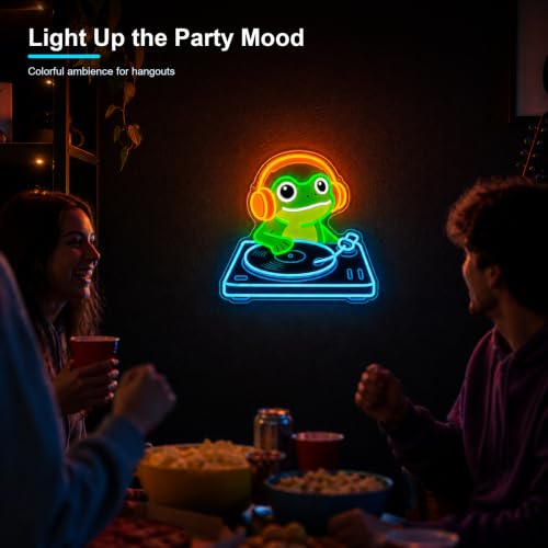 Image of Frog DJ Neon Sign, Music Neon Signs for Wall Decor, Cute LED Light Up Sign for Bedroom, Game Room, Man Cave, Bar, Studio and Party Decor, USB Powered Dimmable Funny Wall Art Gift for DJ Music Lovers